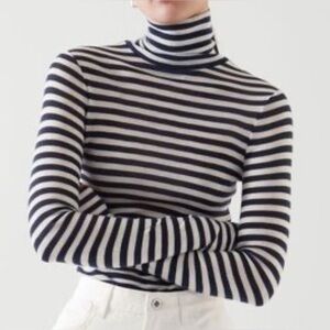 COS Navy and White Striped Wool Turtleneck Sweater XS
